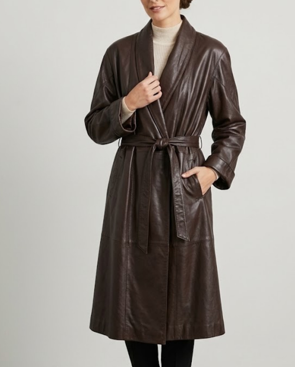 Vintage Excelled Brown Leather Trench Coat Women XL Wrap Belted Smoke Scent